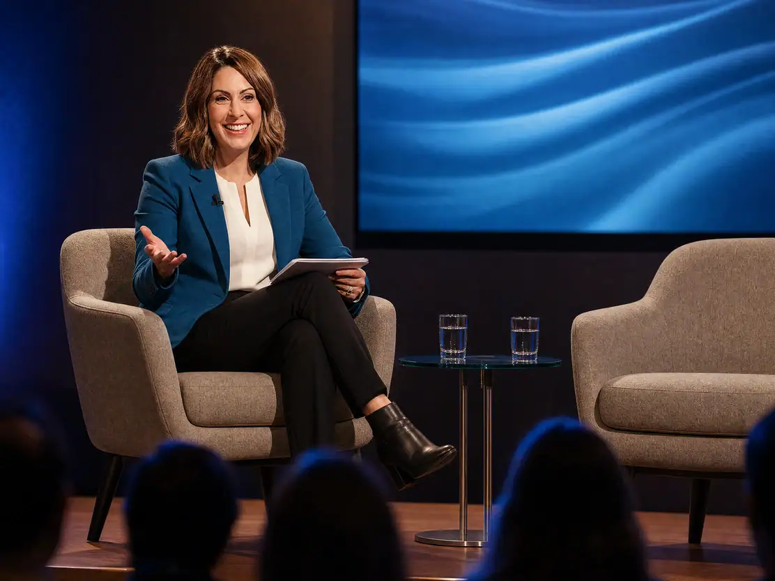Madita van Hülsen im Bühnengespräch, neben ihr ein zweiter Sessel für den Gast